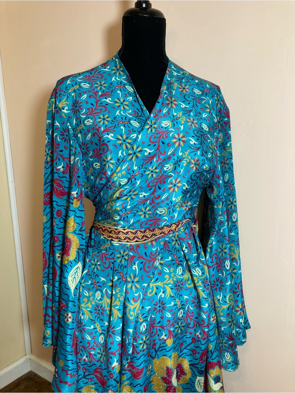 Turquoise Floral Wrap Midi Dress with Embroidered Waist